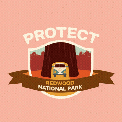 A Logo For Redwood National Park With A Shield And A Hippie Van GIF