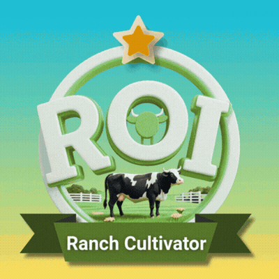 A Logo For Roi Ranch Cultivator With A Cow On It GIF