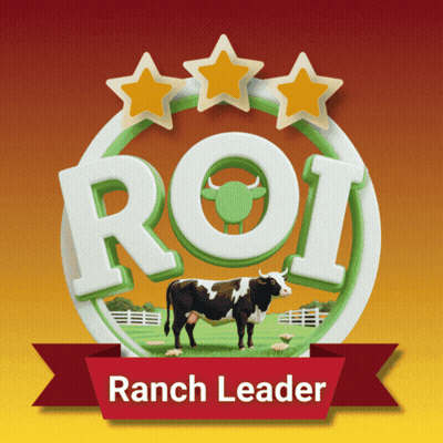 A Logo For Roi Ranch Leader With A Cow In The Middle GIF