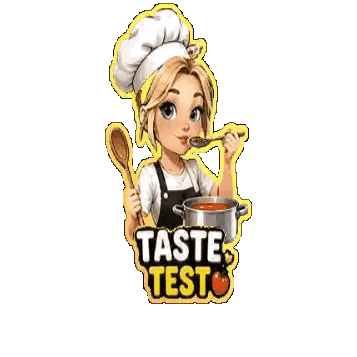 A Logo For Taste Test Shows A Woman Holding A Spoon And A Pot Sticker