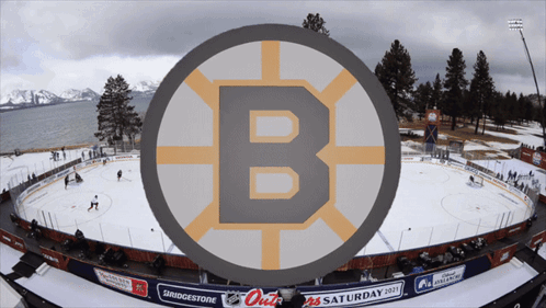 A Logo For The Boston Bruins Is Displayed On A Hockey Rink GIF