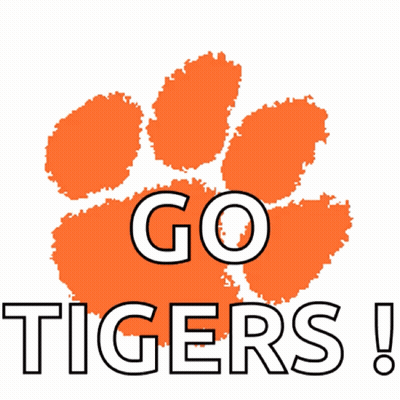 A Logo For The Clemson Tigers With An Orange Paw Print In The Background GIF