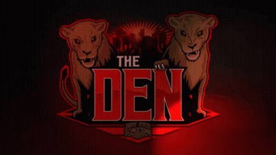 A Logo For The Den With Two Lions On A Dark Background GIF