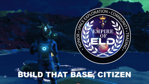 A Logo For The Empire Of Eld With A Man In A Space Suit GIF