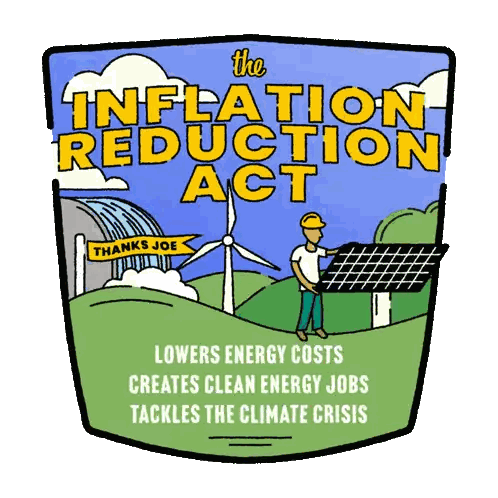 A Logo For The Inflation Reduction Act With A Man Holding A Solar Panel Sticker