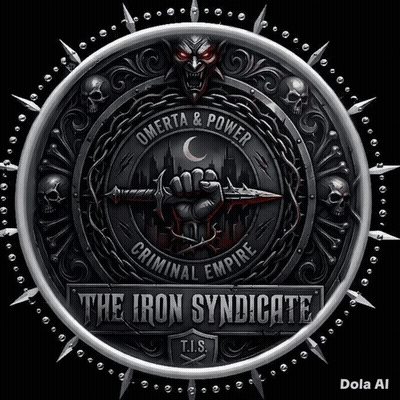 A Logo For The Iron Syndicate Has Skulls And Chains Around It GIF