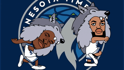 A Logo For The Minnesota Timberwolves With A Cartoon Of Two Wolves GIF