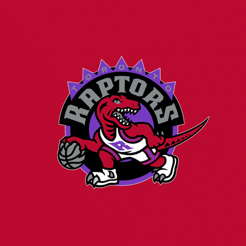 A Logo For The Raptors Basketball Team With A Red Dinosaur Holding A Basketball GIF
