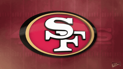 A Logo For The San Francisco 49Ers Is Shown On A Red Background GIF