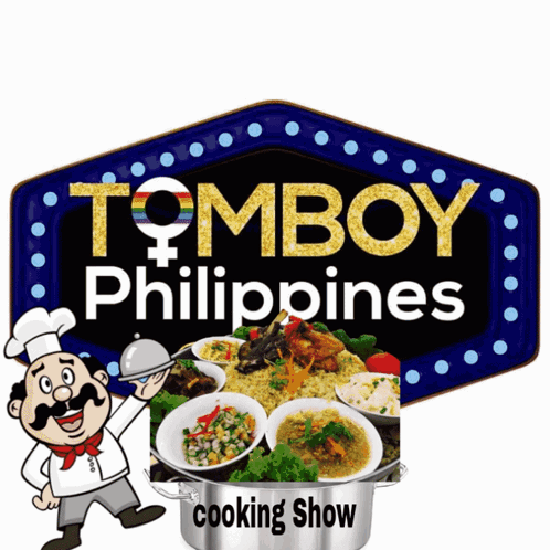 A Logo For Tomboy Philippines Has A Chef Holding A Tray Of Food GIF