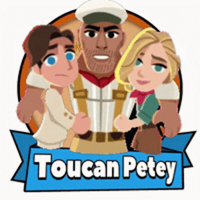 A Logo For Toucan Petey Shows A Man And Two Women Standing Next To Each Other GIF
