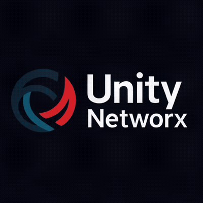 A Logo For Unity Network Surrounded By Stars And Circles GIF