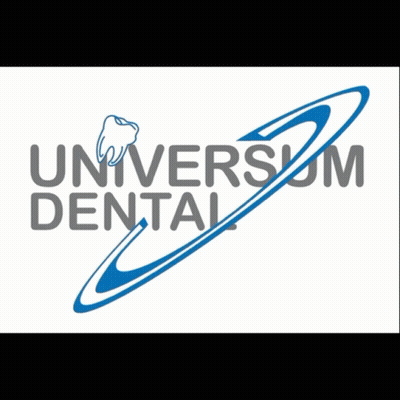 A Logo For Universal Dental With A Tooth And A Blue Circle GIF