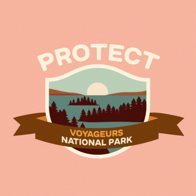 A Logo For Voyageurs National Park With A Shield And Ribbon GIF