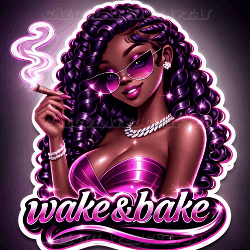 A Logo For Wake & Bake With A Woman Smoking A Cigarette GIF