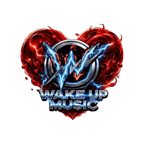 A Logo For Wake Up Music With A Heart And Lightning Sticker