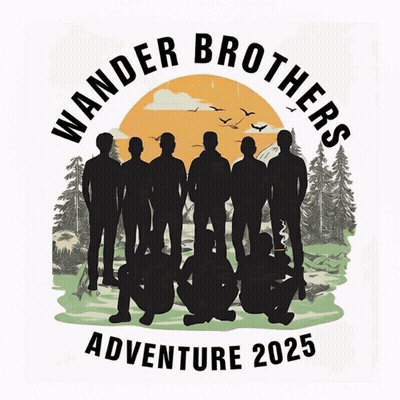 A Logo For Wander Brothers Adventure 2025 With A Group Of Men GIF