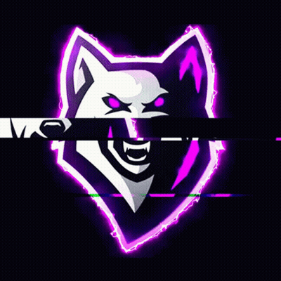 A Logo Of A Wolf With Purple Eyes And A Green And Purple Background GIF