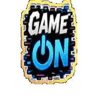 A Logo That Says Game On With A Blue Button Sticker