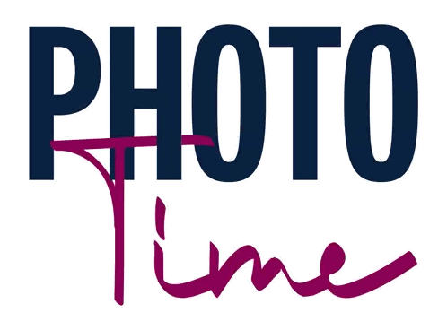 A Logo That Says Photo Time In Purple Letters On A White Background Sticker
