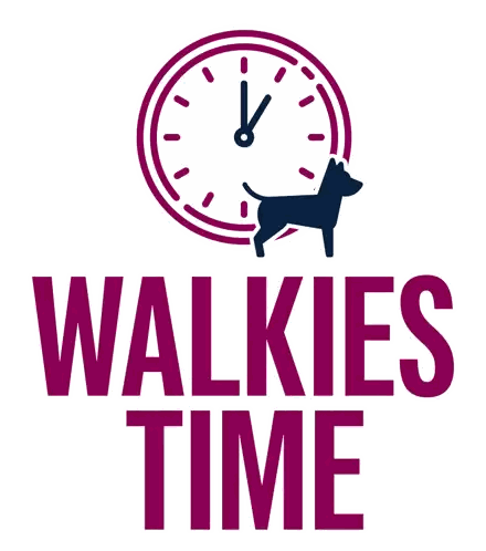 A Logo That Says Walkies Time With A Clock And A Dog Sticker