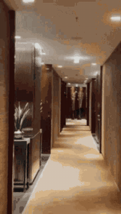 A Long Hallway In A Hotel With A Carpet On The Floor GIF