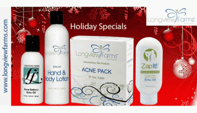 A Longview Farms Advertisement Shows A Hand And Body Lotion And An Acne Pack GIF