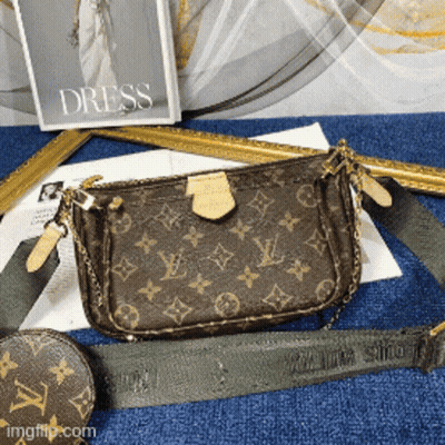 A Louis Vuitton Purse Is Sitting On A Blue Table GIF
