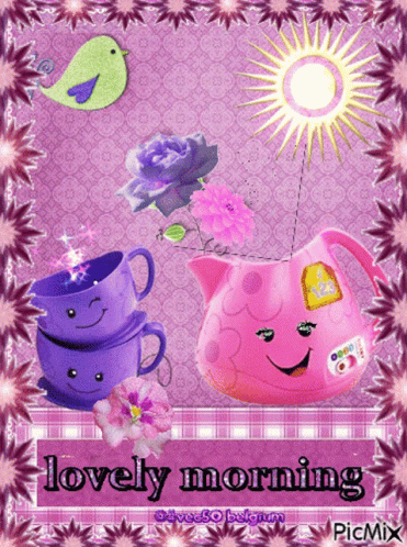 A Lovely Morning Greeting Card With Purple Cups And A Pink Teapot GIF