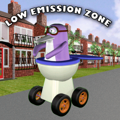 A Low Emission Zone Sign With A Penguin In A Toilet Bowl GIF