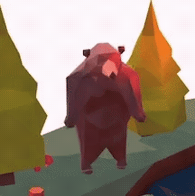A Low Poly Bear Is Standing In A Forest Next To Trees . GIF