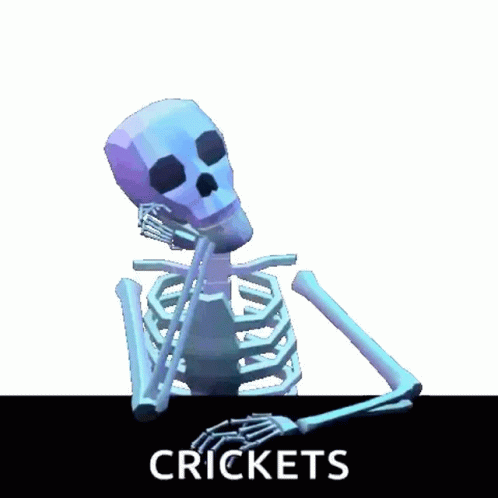 A Low Poly Skeleton Is Sitting At A Table With The Word Crickets On The Bottom GIF