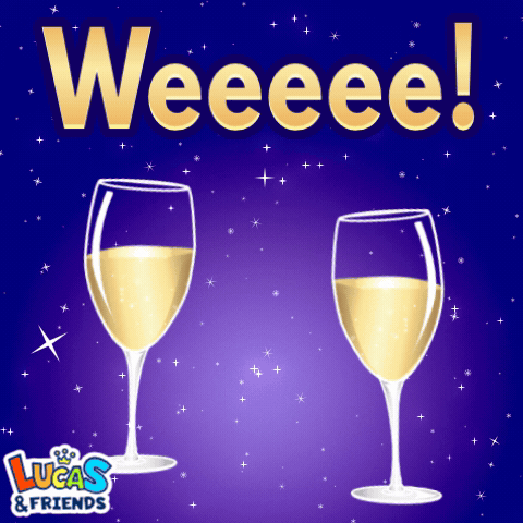 A Lucas And Friends Ad With Two Glasses Of Champagne GIF