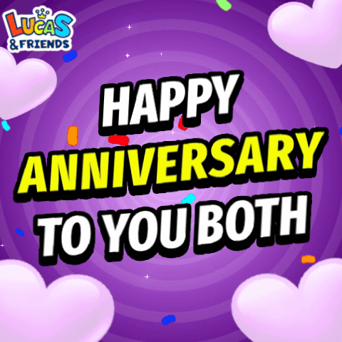A Lucas And Friends Anniversary Greeting Card With Hearts And Confetti GIF