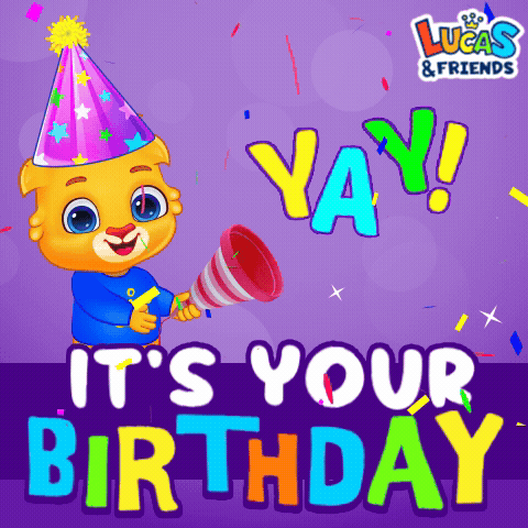 A Lucas And Friends Birthday Card With A Bear Wearing A Party Hat And Holding A Megaphone GIF
