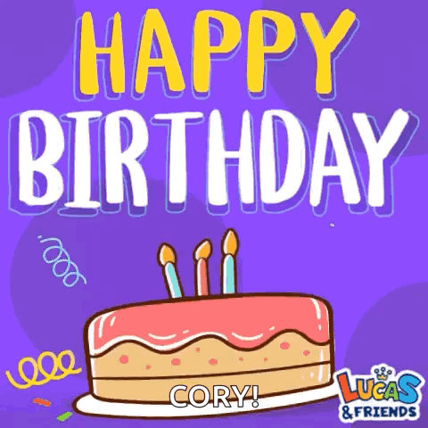 A Lucas And Friends Birthday Card With A Cake GIF