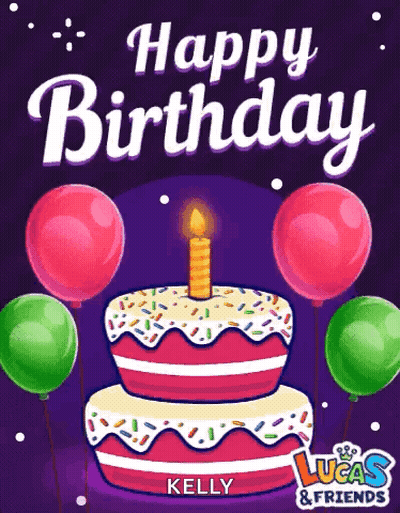 A Lucas And Friends Birthday Card With A Cake With A Candle And Balloons GIF