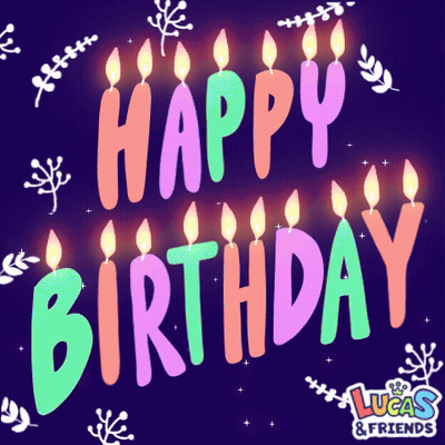 A Lucas And Friends Birthday Card With Candles On It GIF