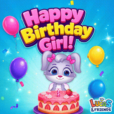A Lucas And Friends Birthday Greeting Card With A Rabbit On A Cake GIF