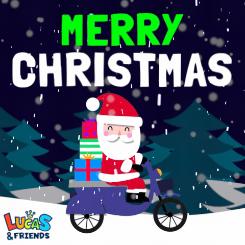 A Lucas And Friends Christmas Card With Santa On A Bike GIF