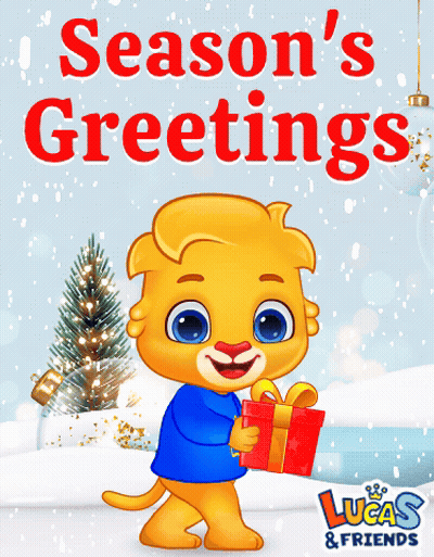 A Lucas And Friends Greeting Card With A Cartoon Character Holding A Gift Box GIF