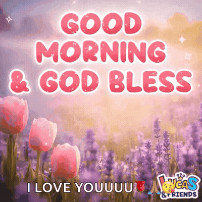 A Lucas And Friends Greeting Card With Purple Flowers And The Words Good Morning And God Bless GIF
