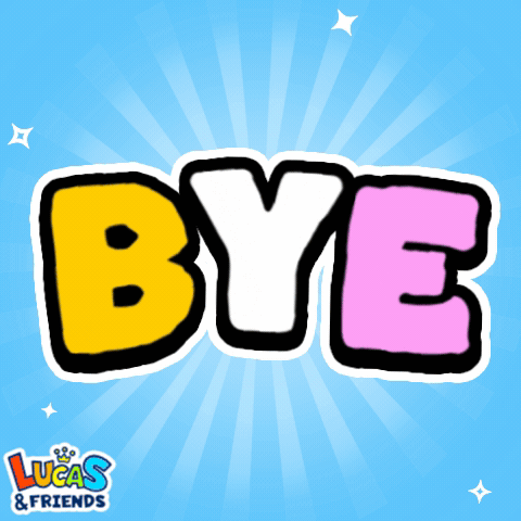 A Lucas And Friends Logo That Says Bye On A Blue Background GIF