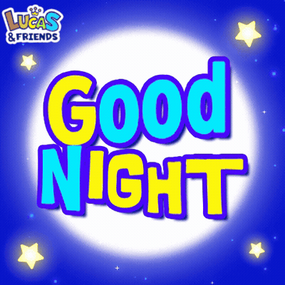A Lucas And Friends Logo That Says Good Night On A Blue Background GIF