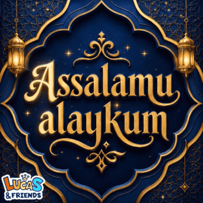 A Lucas And Friends Logo With A Blue Background GIF