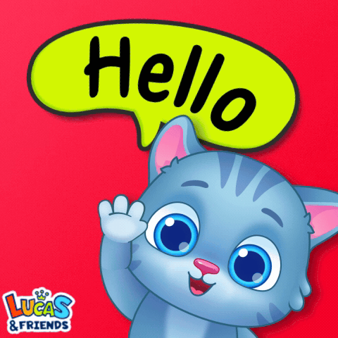 A Lucas And Friends Logo With A Cat And A Hello Speech Bubble GIF