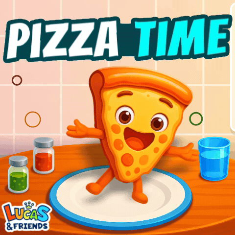 A Lucas And Friends Pizza Time Advertisement With A Pizza On A Plate GIF
