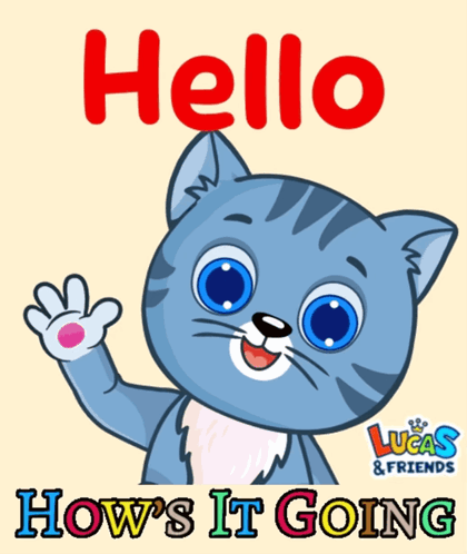 A Lucas And Friends Poster With A Blue Cat Waving GIF
