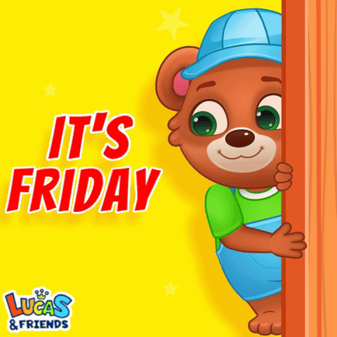 A Lucas And Friends Poster With A Teddy Bear Peeking Out From Behind A Door GIF