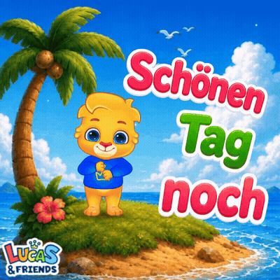 A Lucas And Friends Poster With A Teddy Bear Standing On A Small Island GIF